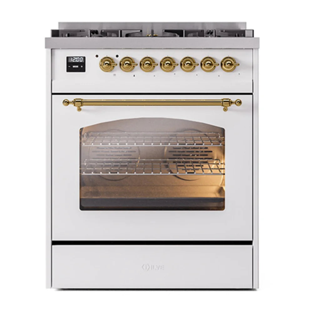 ILVE Nostalgie II 30" Dual Fuel Freestanding Range in White with Brass Trim, UP30NMPWHG