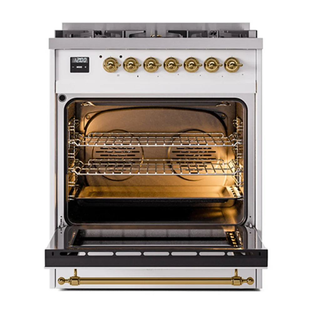 ILVE Nostalgie II 30" Dual Fuel Freestanding Range in White with Brass Trim, UP30NMPWHG