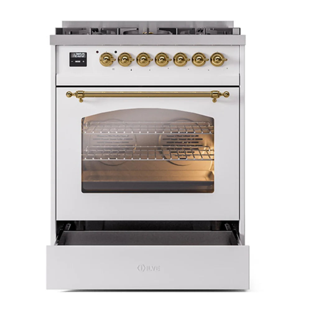 ILVE Nostalgie II 30" Dual Fuel Freestanding Range in White with Brass Trim, UP30NMPWHG