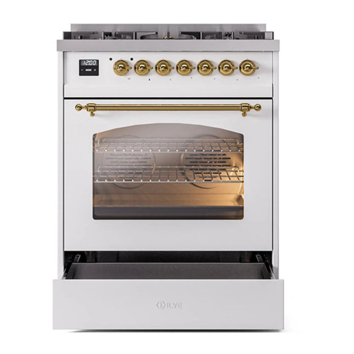 ILVE Nostalgie II 30" Dual Fuel Freestanding Range in White with Brass Trim, UP30NMPWHG