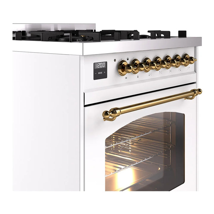 ILVE Nostalgie II 30" Dual Fuel Freestanding Range in White with Brass Trim, UP30NMPWHG