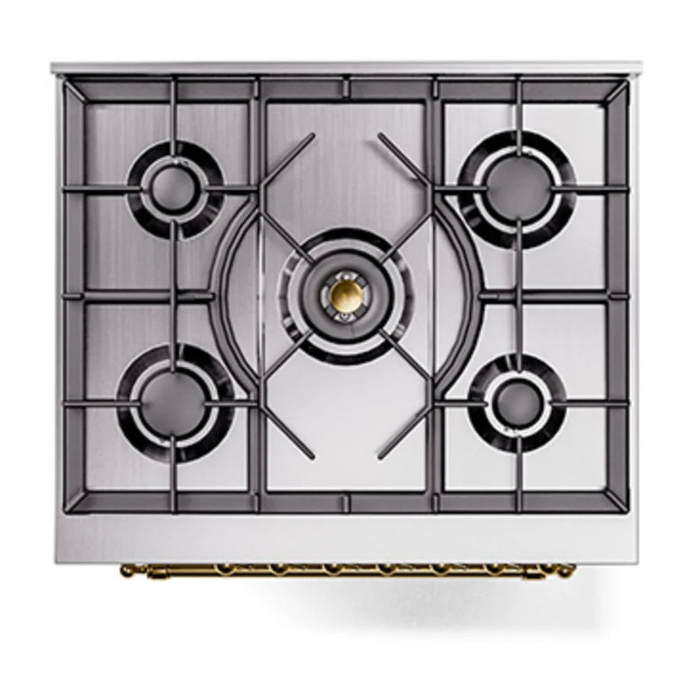 ILVE Nostalgie II 30" Dual Fuel Freestanding Range in White with Brass Trim, UP30NMPWHG