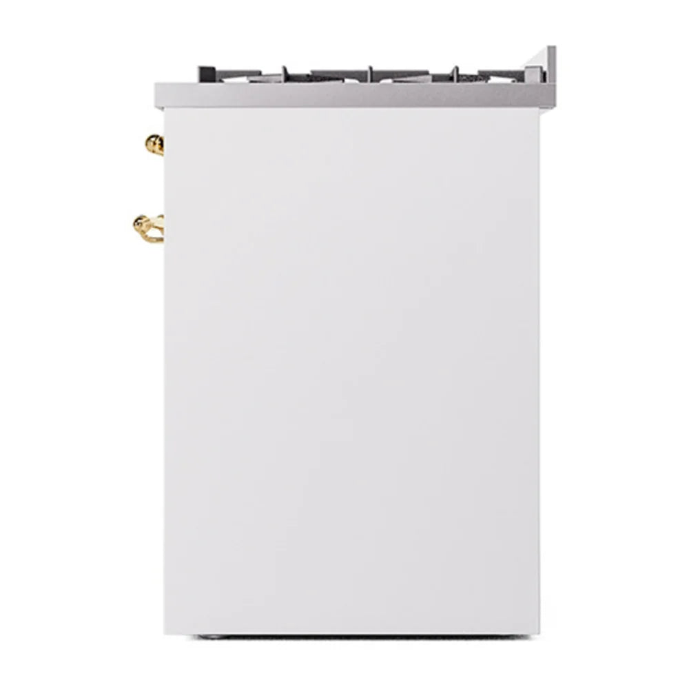 ILVE Nostalgie II 30" Dual Fuel Freestanding Range in White with Brass Trim, UP30NMPWHG