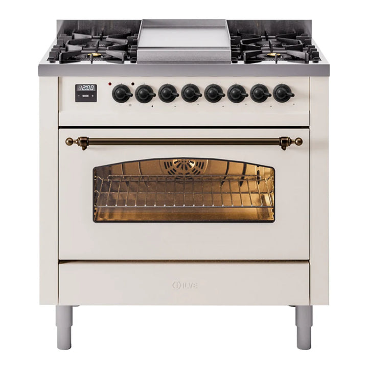 ILVE Nostalgie II 36" Dual Fuel Freestanding Range in Antique White with Burnished Trim, UP36FNMPAWB