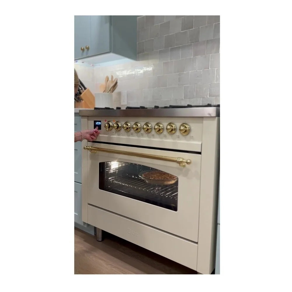 ILVE Nostalgie II 36" Dual Fuel Freestanding Range in Antique White with Burnished Trim, UP36FNMPAWB