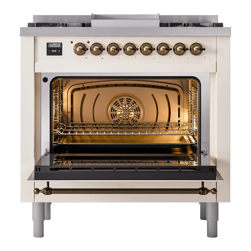 ILVE Nostalgie II 36" Dual Fuel Freestanding Range in Antique White with Burnished Trim, UP36FNMPAWB