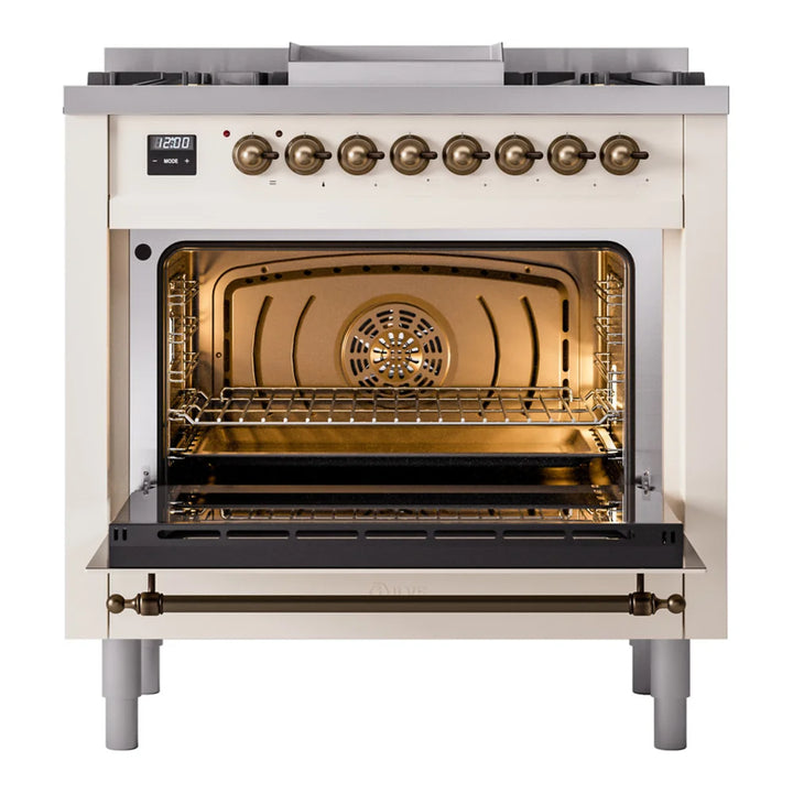 ILVE Nostalgie II 36" Dual Fuel Freestanding Range in Antique White with Burnished Trim, UP36FNMPAWB
