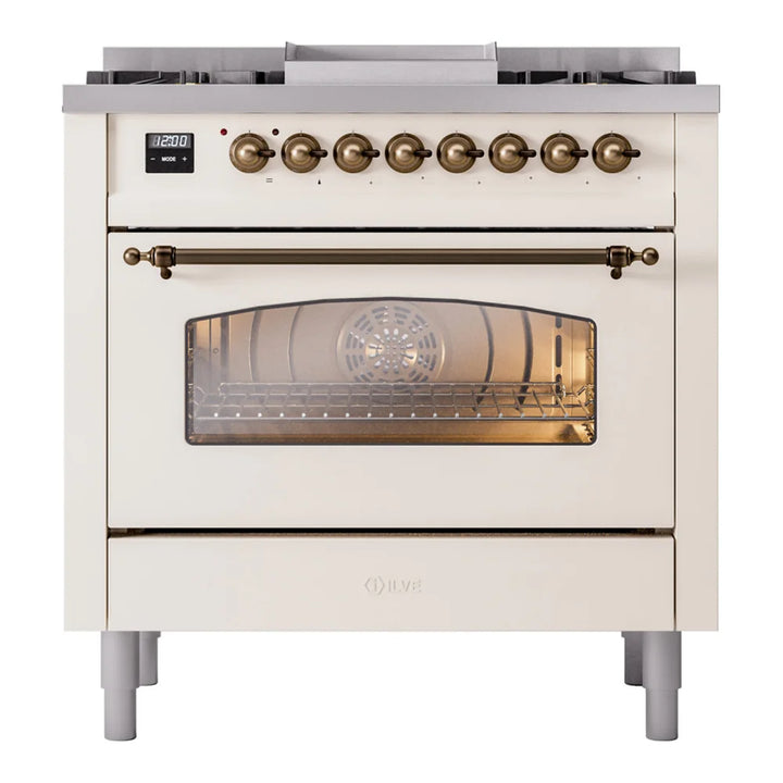 ILVE Nostalgie II 36" Dual Fuel Freestanding Range in Antique White with Burnished Trim, UP36FNMPAWB