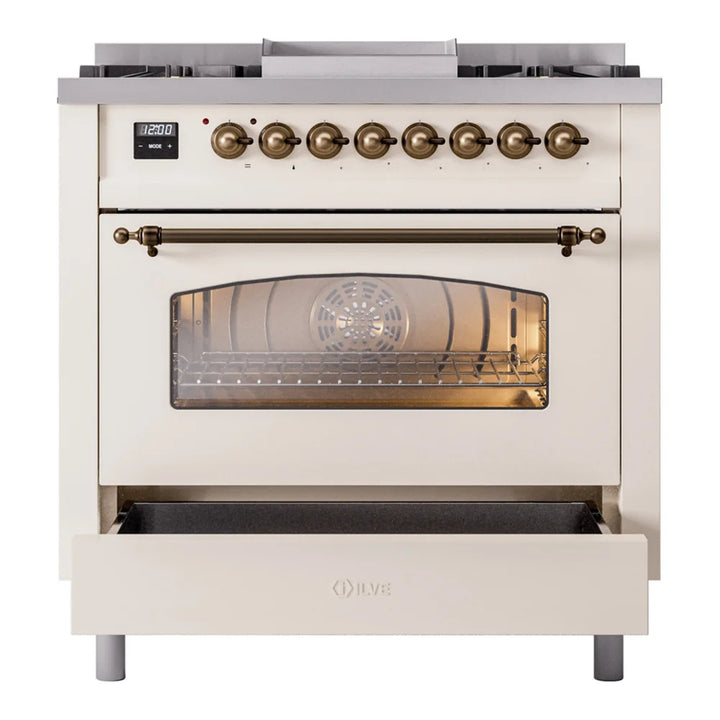 ILVE Nostalgie II 36" Dual Fuel Freestanding Range in Antique White with Burnished Trim, UP36FNMPAWB