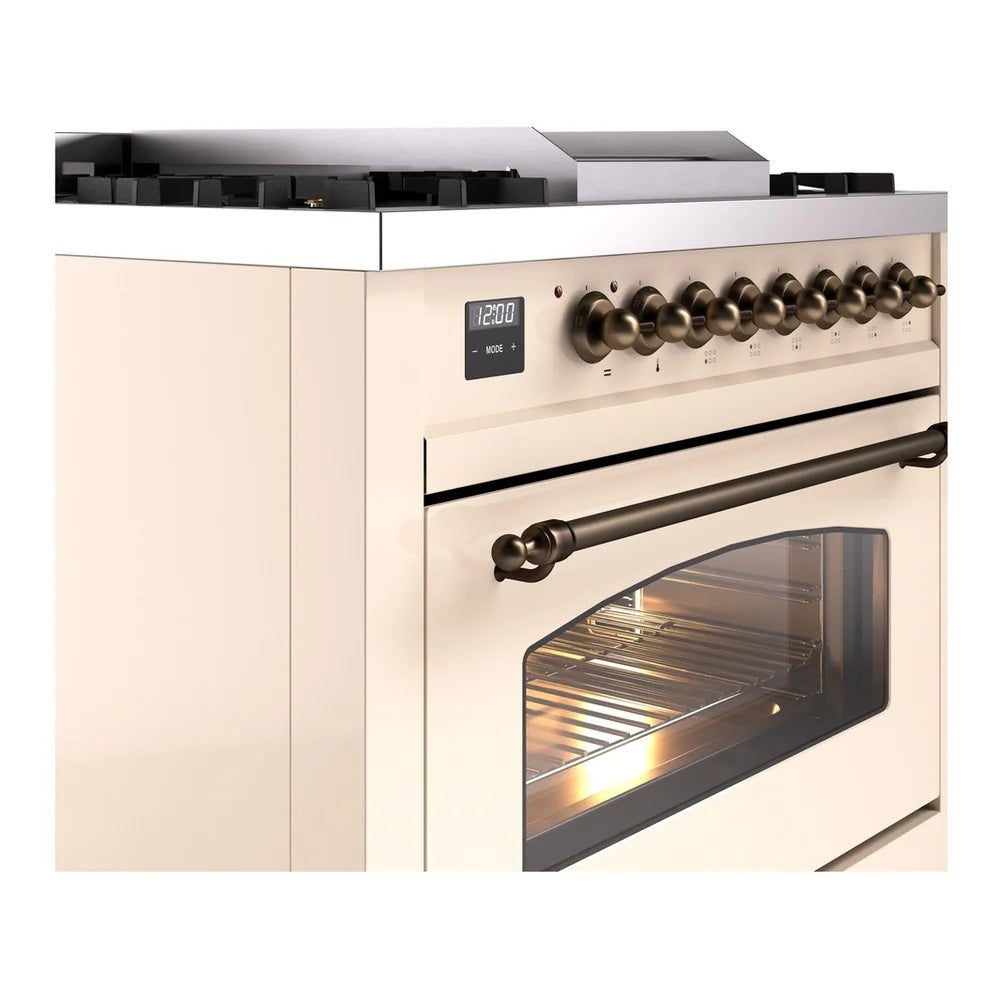 ILVE Nostalgie II 36" Dual Fuel Freestanding Range in Antique White with Burnished Trim, UP36FNMPAWB