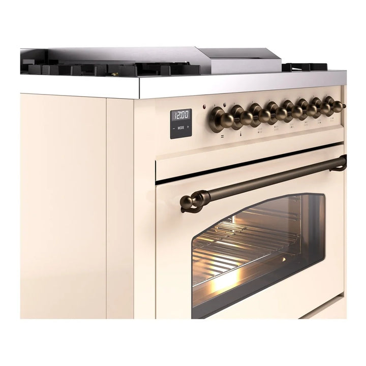 ILVE Nostalgie II 36" Dual Fuel Freestanding Range in Antique White with Burnished Trim, UP36FNMPAWB