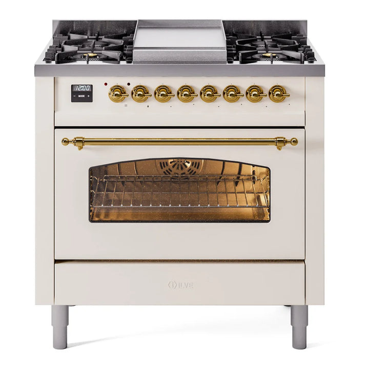 ILVE Nostalgie II 36" Dual Fuel Freestanding Range in Antique White with Brass Trim, UP36FNMPAWG