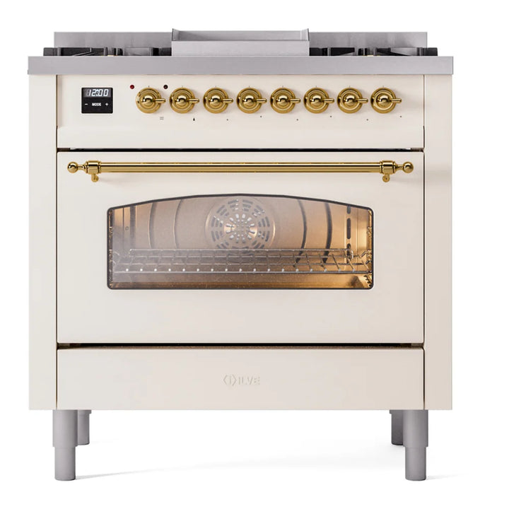 ILVE Nostalgie II 36" Dual Fuel Freestanding Range in Antique White with Brass Trim, UP36FNMPAWG
