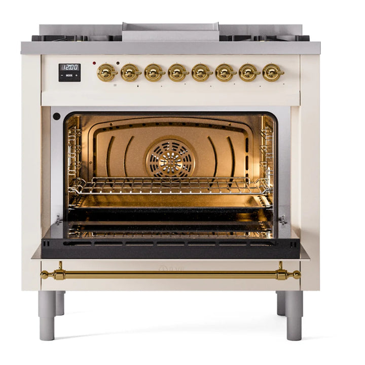 ILVE Nostalgie II 36" Dual Fuel Freestanding Range in Antique White with Brass Trim, UP36FNMPAWG