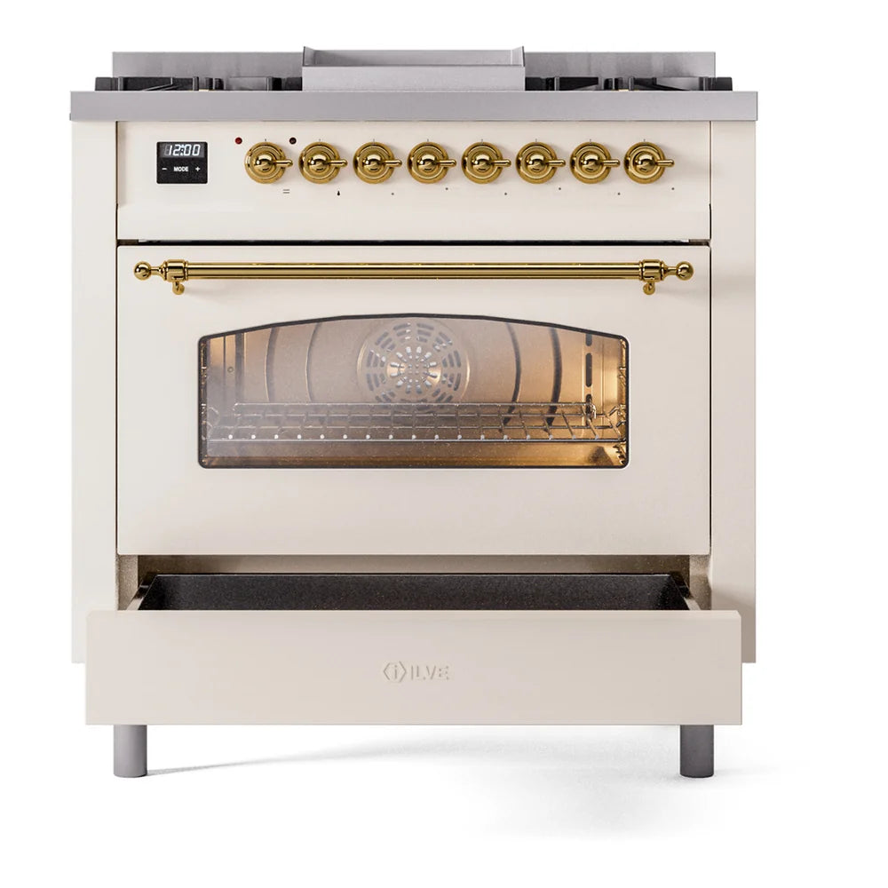 ILVE Nostalgie II 36" Dual Fuel Freestanding Range in Antique White with Brass Trim, UP36FNMPAWG
