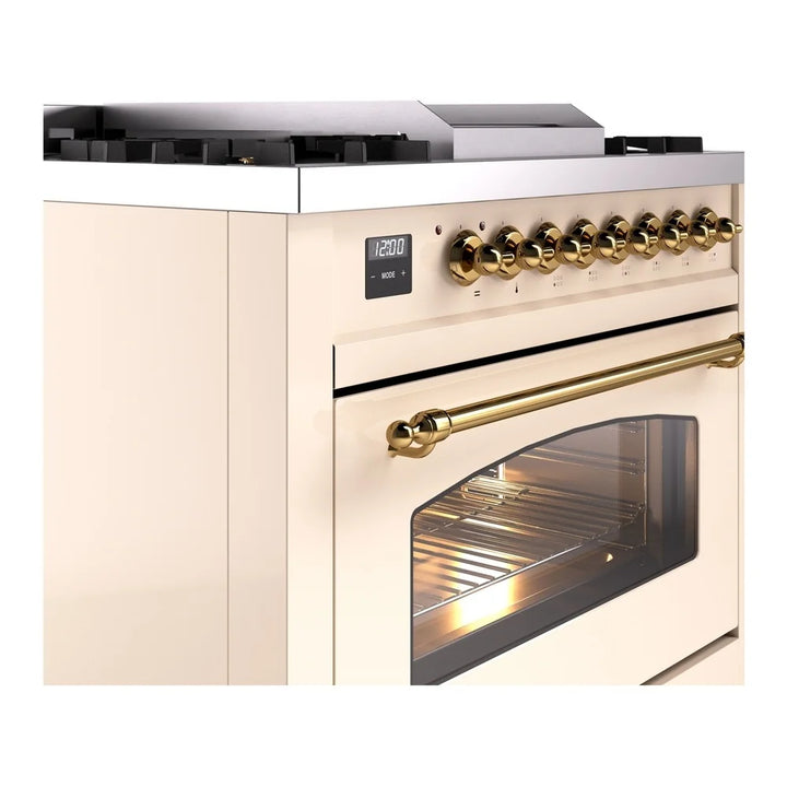 ILVE Nostalgie II 36" Dual Fuel Freestanding Range in Antique White with Brass Trim, UP36FNMPAWG