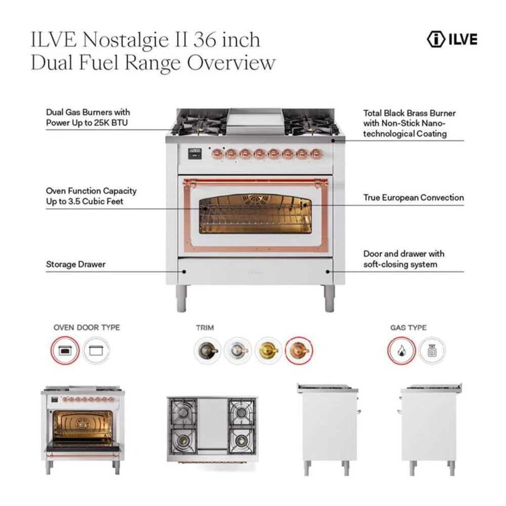 ILVE Nostalgie II 36" Dual Fuel Freestanding Range in Blue Grey with Brass Trim, UP36FNMPBGGLP