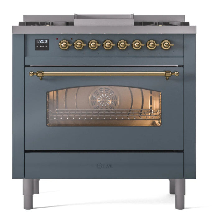 ILVE Nostalgie II 36" Dual Fuel Freestanding Range in Blue Grey with Brass Trim, UP36FNMPBGGLP