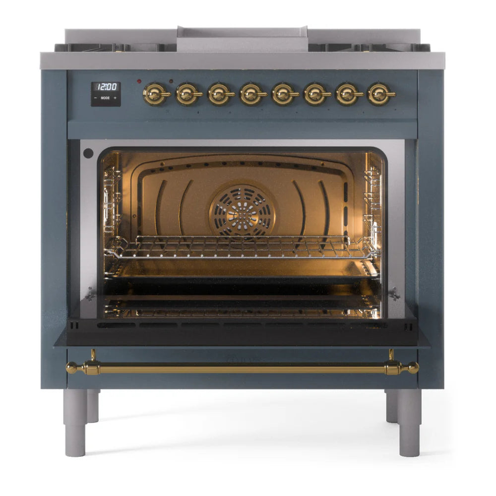 ILVE Nostalgie II 36" Dual Fuel Freestanding Range in Blue Grey with Brass Trim, UP36FNMPBGGLP