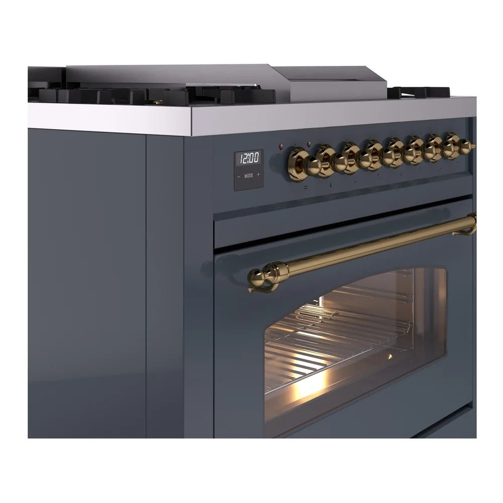 ILVE Nostalgie II 36" Dual Fuel Freestanding Range in Blue Grey with Brass Trim, UP36FNMPBGGLP