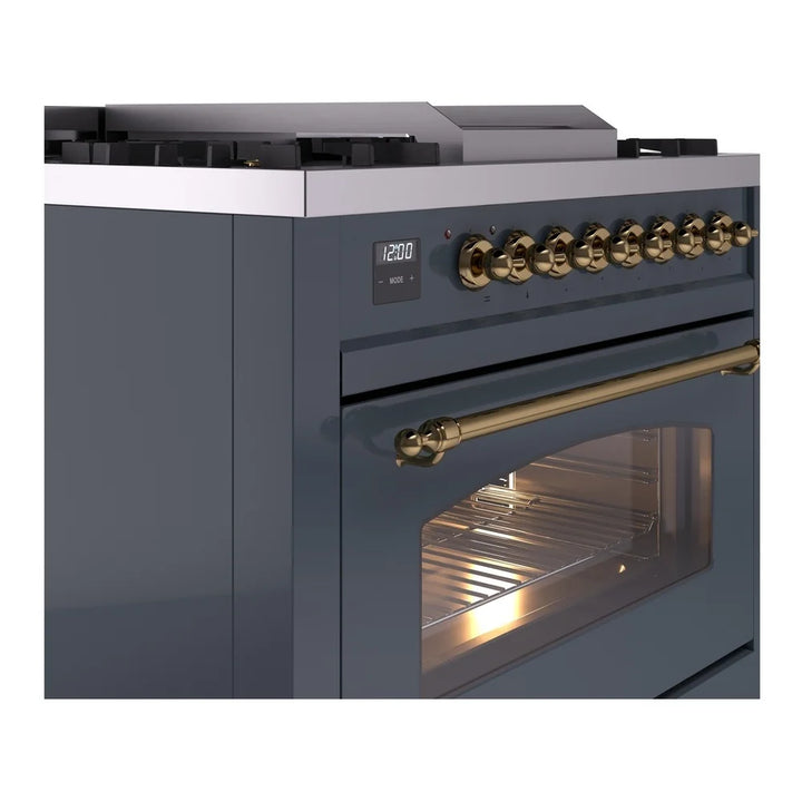 ILVE Nostalgie II 36" Dual Fuel Freestanding Range in Blue Grey with Brass Trim, UP36FNMPBGGLP
