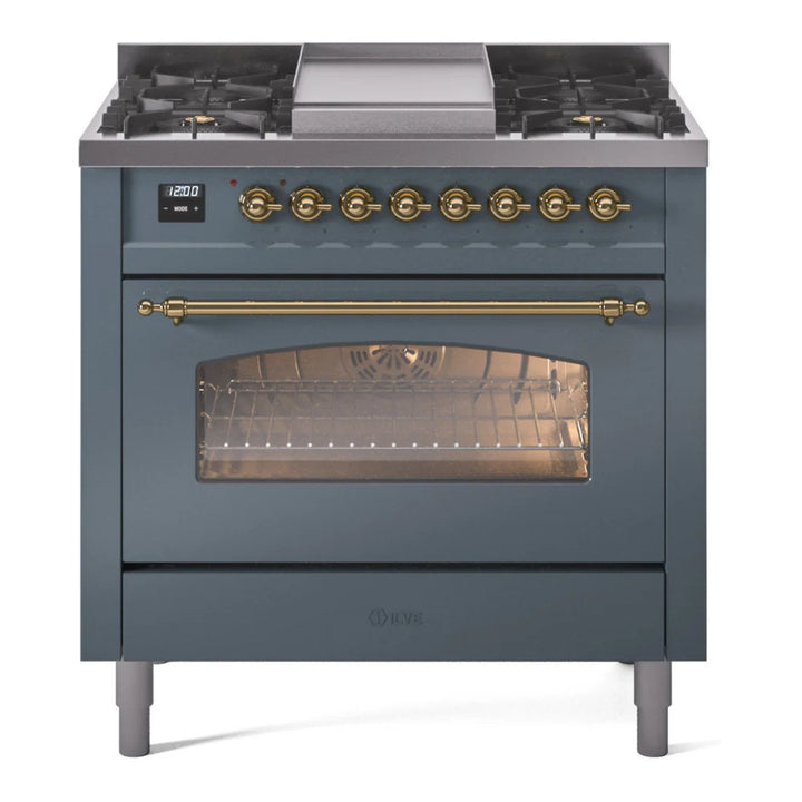 ILVE Nostalgie II 36" Dual Fuel Freestanding Range in Blue Grey with Brass Trim, UP36FNMPBGG