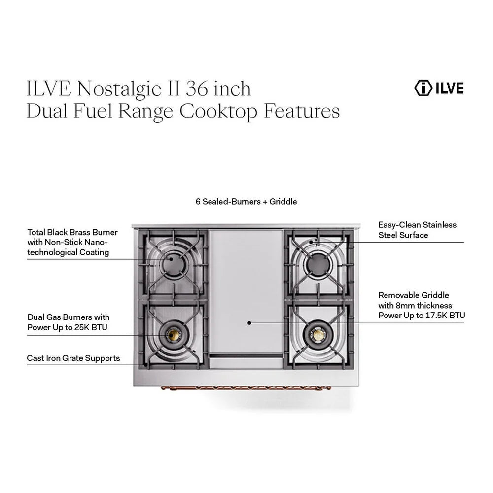 ILVE Nostalgie II 36" Dual Fuel Freestanding Range in Blue Grey with Brass Trim, UP36FNMPBGG