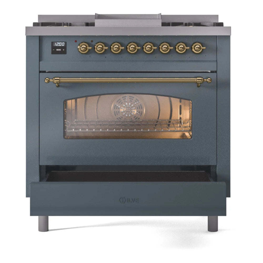 ILVE Nostalgie II 36" Dual Fuel Freestanding Range in Blue Grey with Brass Trim, UP36FNMPBGG