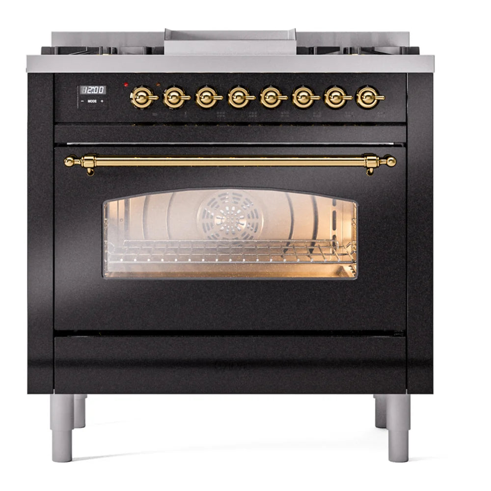 ILVE Nostalgie II 36" Dual Fuel Freestanding Range in Glossy Black with Brass Trim, UP36FNMPBKG