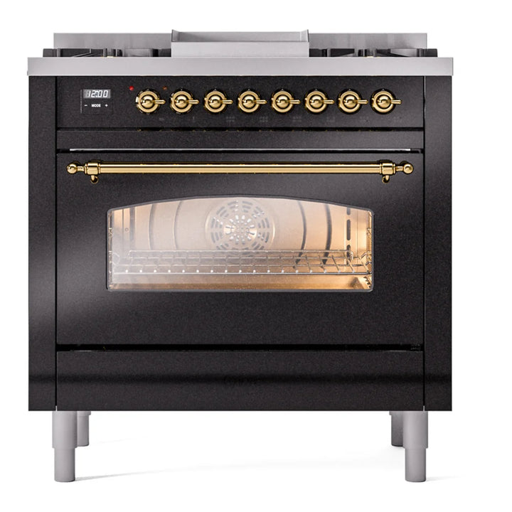 ILVE Nostalgie II 36" Dual Fuel Freestanding Range in Glossy Black with Brass Trim, UP36FNMPBKG