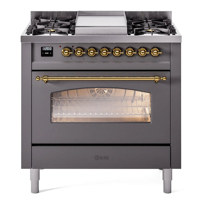 ILVE Nostalgie II 36" Dual Fuel Freestanding Range in Graphite Matte with Brass Trim, UP36FNMPMGG