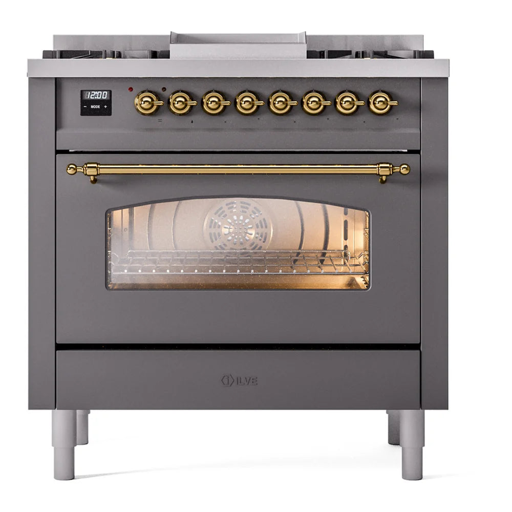ILVE Nostalgie II 36" Dual Fuel Freestanding Range in Graphite Matte with Brass Trim, UP36FNMPMGG
