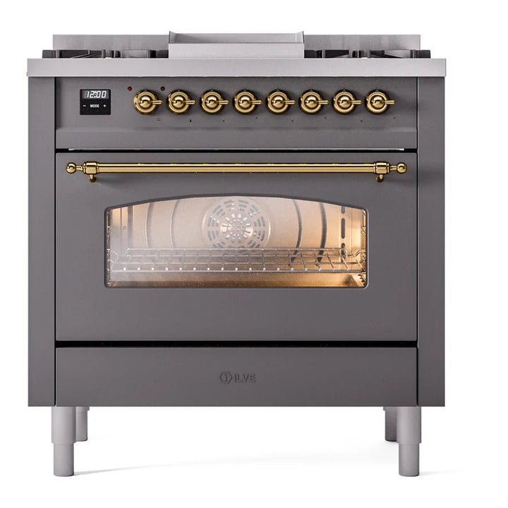 ILVE Nostalgie II 36" Dual Fuel Freestanding Range in Graphite Matte with Brass Trim, UP36FNMPMGG