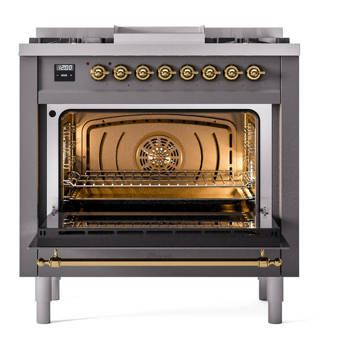 ILVE Nostalgie II 36" Dual Fuel Freestanding Range in Graphite Matte with Brass Trim, UP36FNMPMGG