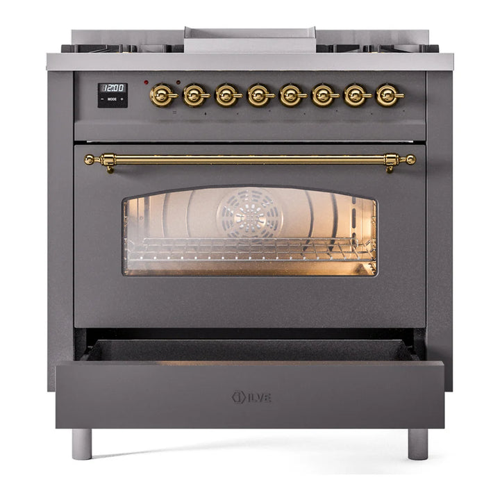ILVE Nostalgie II 36" Dual Fuel Freestanding Range in Graphite Matte with Brass Trim, UP36FNMPMGG