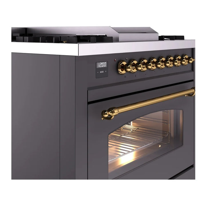 ILVE Nostalgie II 36" Dual Fuel Freestanding Range in Graphite Matte with Brass Trim, UP36FNMPMGG