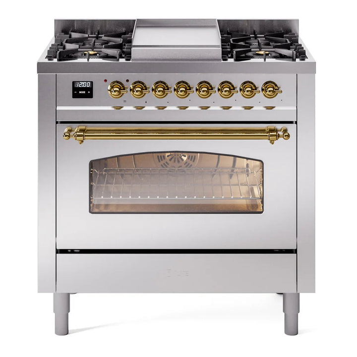 ILVE Nostalgie II 36" Dual Fuel Freestanding Range in Stainless Steel with Brass Trim, UP36FNMPSSGLP