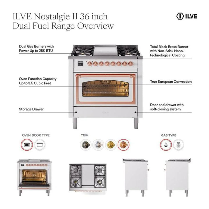 ILVE Nostalgie II 36" Dual Fuel Freestanding Range in Stainless Steel with Brass Trim, UP36FNMPSSGLP