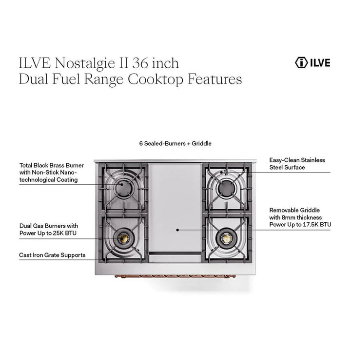 ILVE Nostalgie II 36" Dual Fuel Freestanding Range in Stainless Steel with Brass Trim, UP36FNMPSSGLP