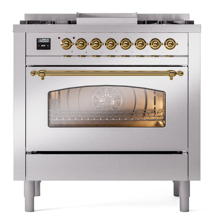 ILVE Nostalgie II 36" Dual Fuel Freestanding Range in Stainless Steel with Brass Trim, UP36FNMPSSGLP
