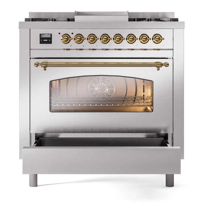 ILVE Nostalgie II 36" Dual Fuel Freestanding Range in Stainless Steel with Brass Trim, UP36FNMPSSGLP