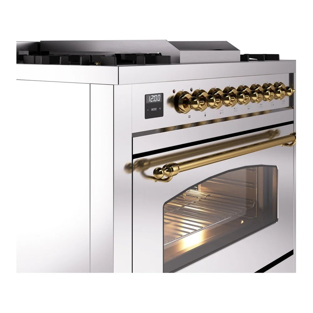 ILVE Nostalgie II 36" Dual Fuel Freestanding Range in Stainless Steel with Brass Trim, UP36FNMPSSGLP