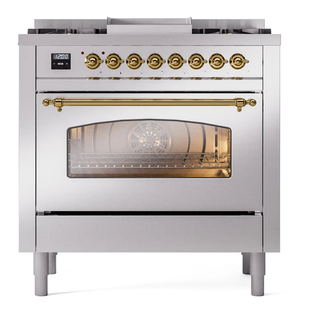 ILVE Nostalgie II 36" Dual Fuel Freestanding Range in Stainless Steel with Brass Trim, UP36FNMPSSG