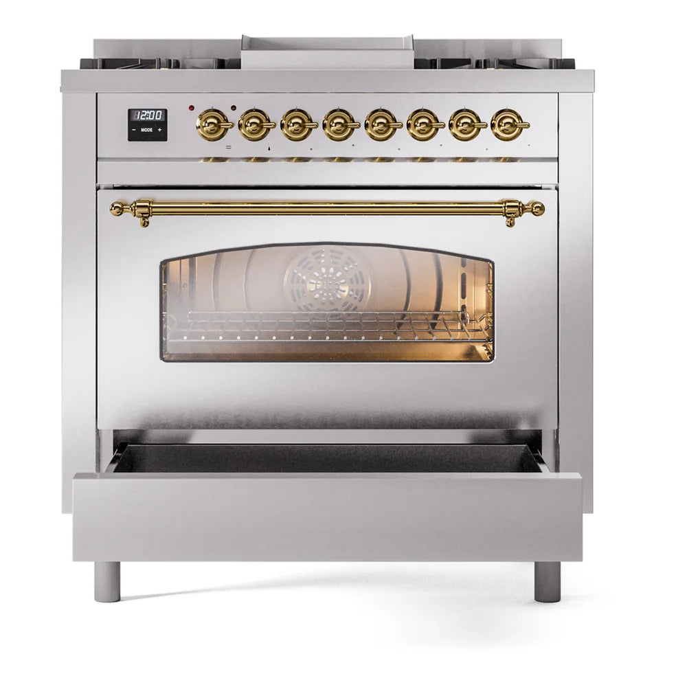 ILVE Nostalgie II 36" Dual Fuel Freestanding Range in Stainless Steel with Brass Trim, UP36FNMPSSG