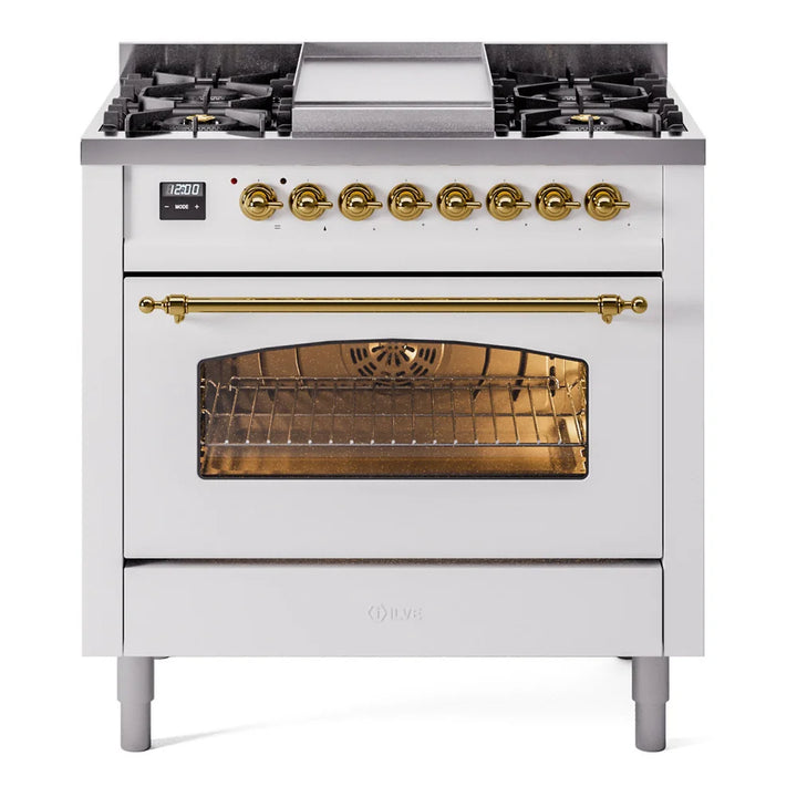 ILVE Nostalgie II 36" Dual Fuel Freestanding Range in White with Brass Trim, UP36FNMPWHGLP