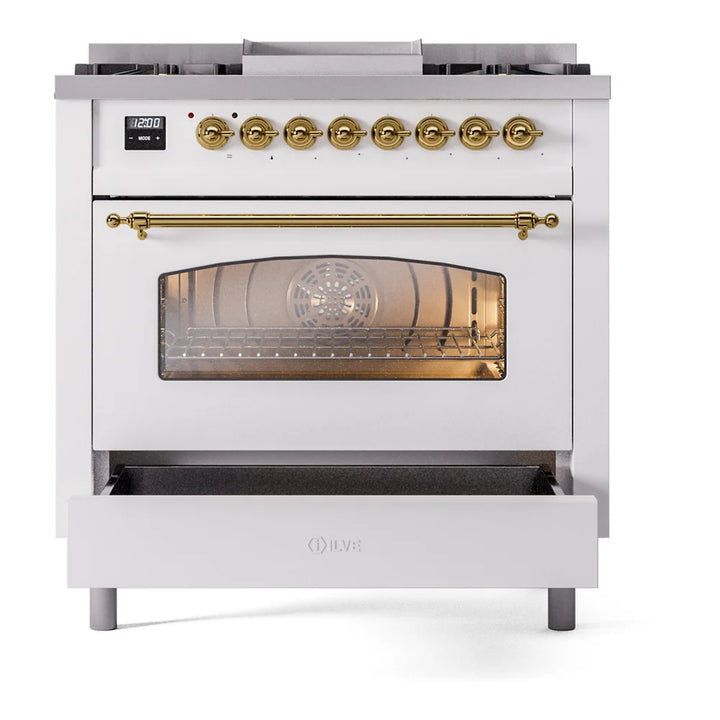 ILVE Nostalgie II 36" Dual Fuel Freestanding Range in White with Brass Trim, UP36FNMPWHGLP