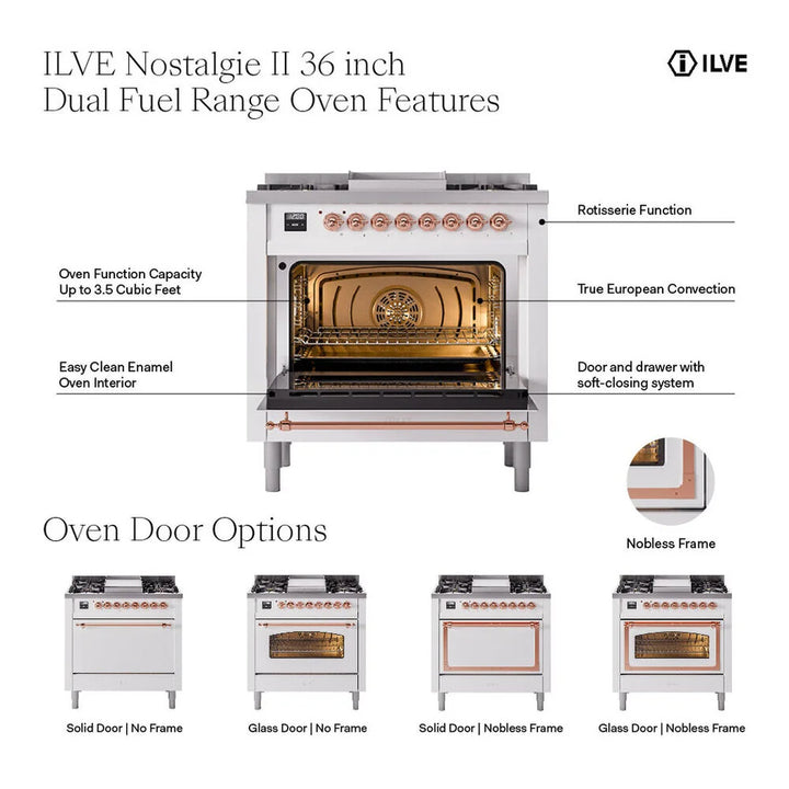 ILVE Nostalgie II 36" Dual Fuel Freestanding Range in White with Brass Trim, UP36FNMPWHG