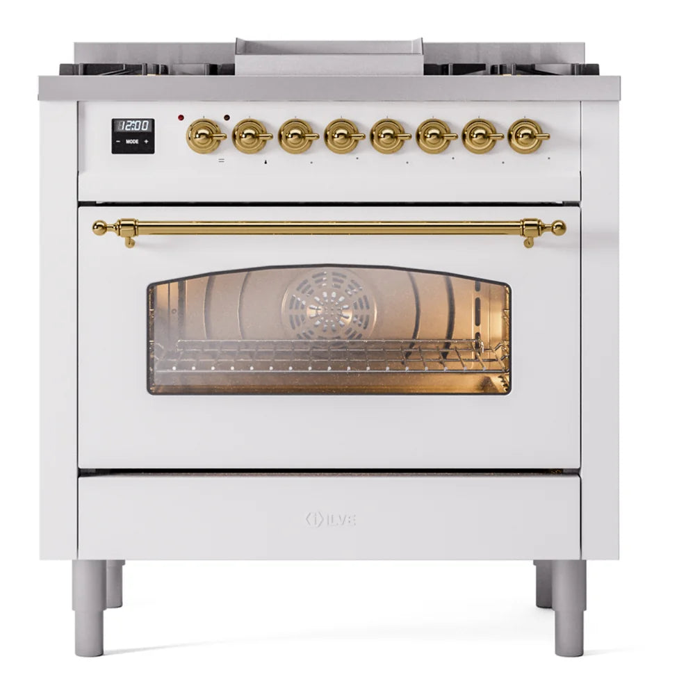 ILVE Nostalgie II 36" Dual Fuel Freestanding Range in White with Brass Trim, UP36FNMPWHG