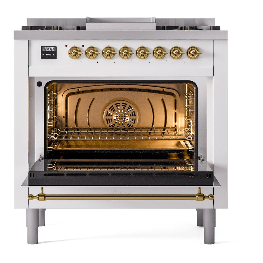 ILVE Nostalgie II 36" Dual Fuel Freestanding Range in White with Brass Trim, UP36FNMPWHG