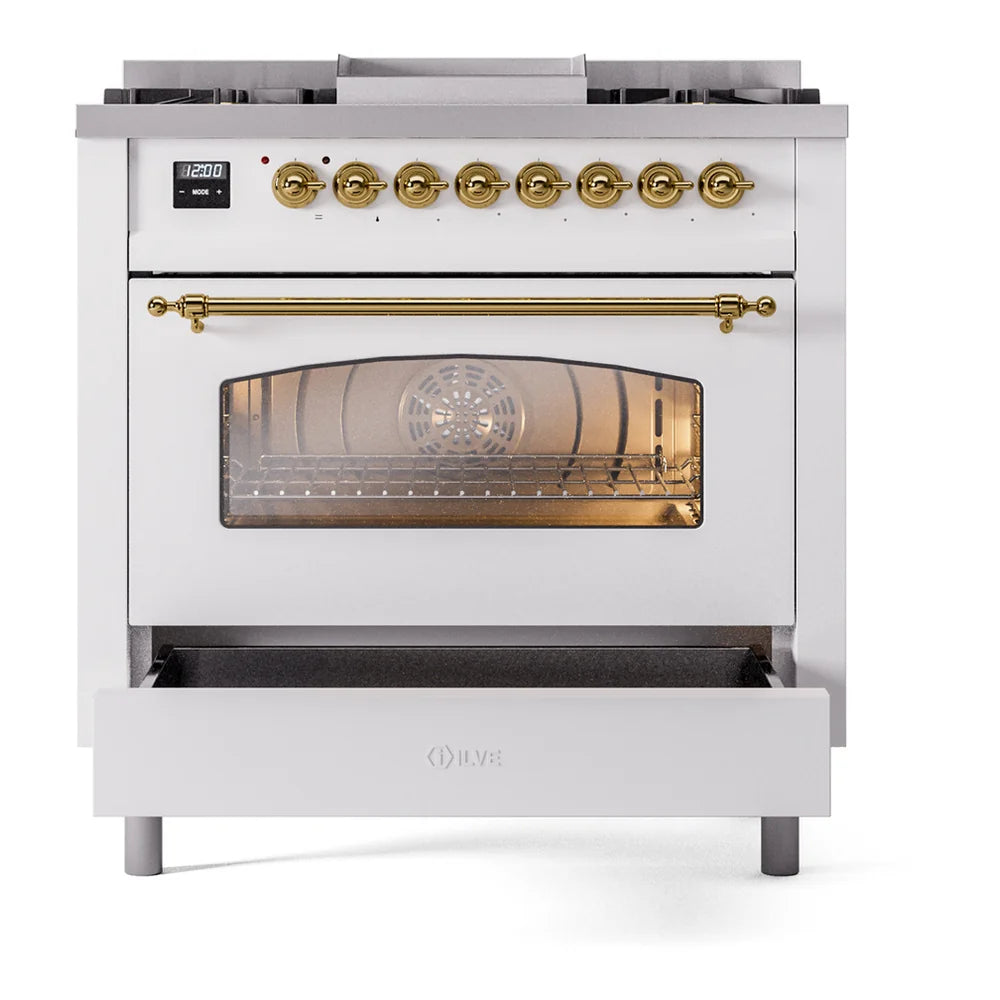ILVE Nostalgie II 36" Dual Fuel Freestanding Range in White with Brass Trim, UP36FNMPWHG